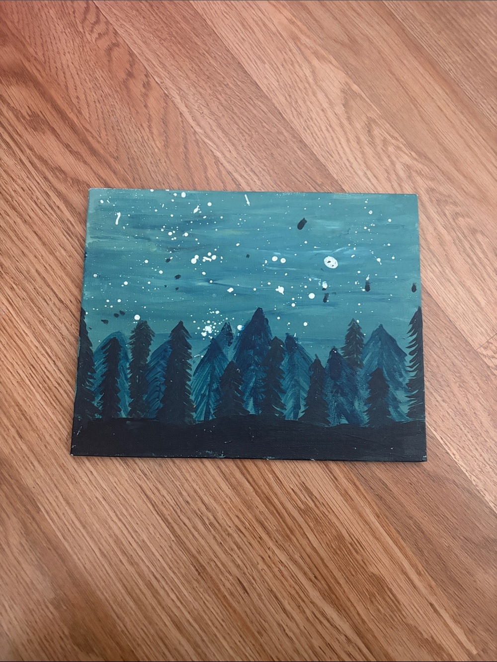 Hand-Painted Teal Forest Night Canvas - Unbranded
